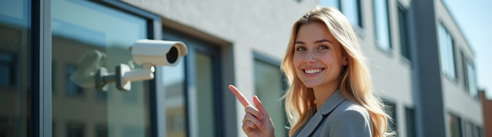 Djevojka pokazuje zgradu s kamerom videonadzora